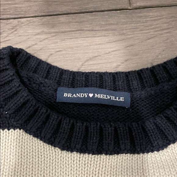 Brandy Melville Navy and Cream Striped Crewneck Knit Sweater - Picture 2 of 7